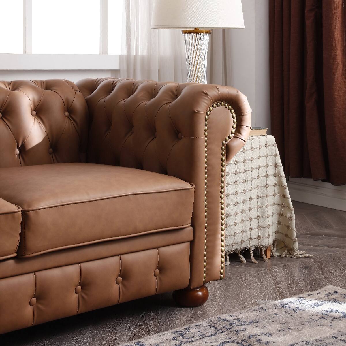 Alt View 3. Ropilly - Ropilly Brown Chesterfield Sofa Faux Leather Three Seat Living Room Couch - Brown.