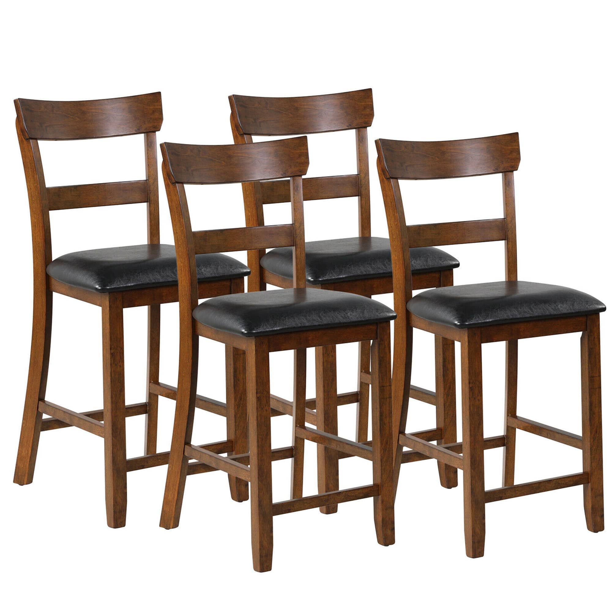 Gymax - Set of 4 Barstools Counter Height Chairs w/Leather Seat & Rubber Wood Legs - Brown,Black