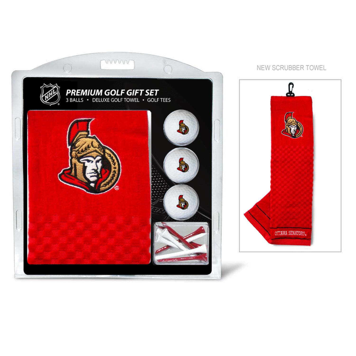 NEW SCRUBBER TOWEL  
PREMIUM GOLF GIFT SET  
3 BALLS • DELUXE GOLF TOWEL • GOLF TEES  
OTTAWA SENATORS