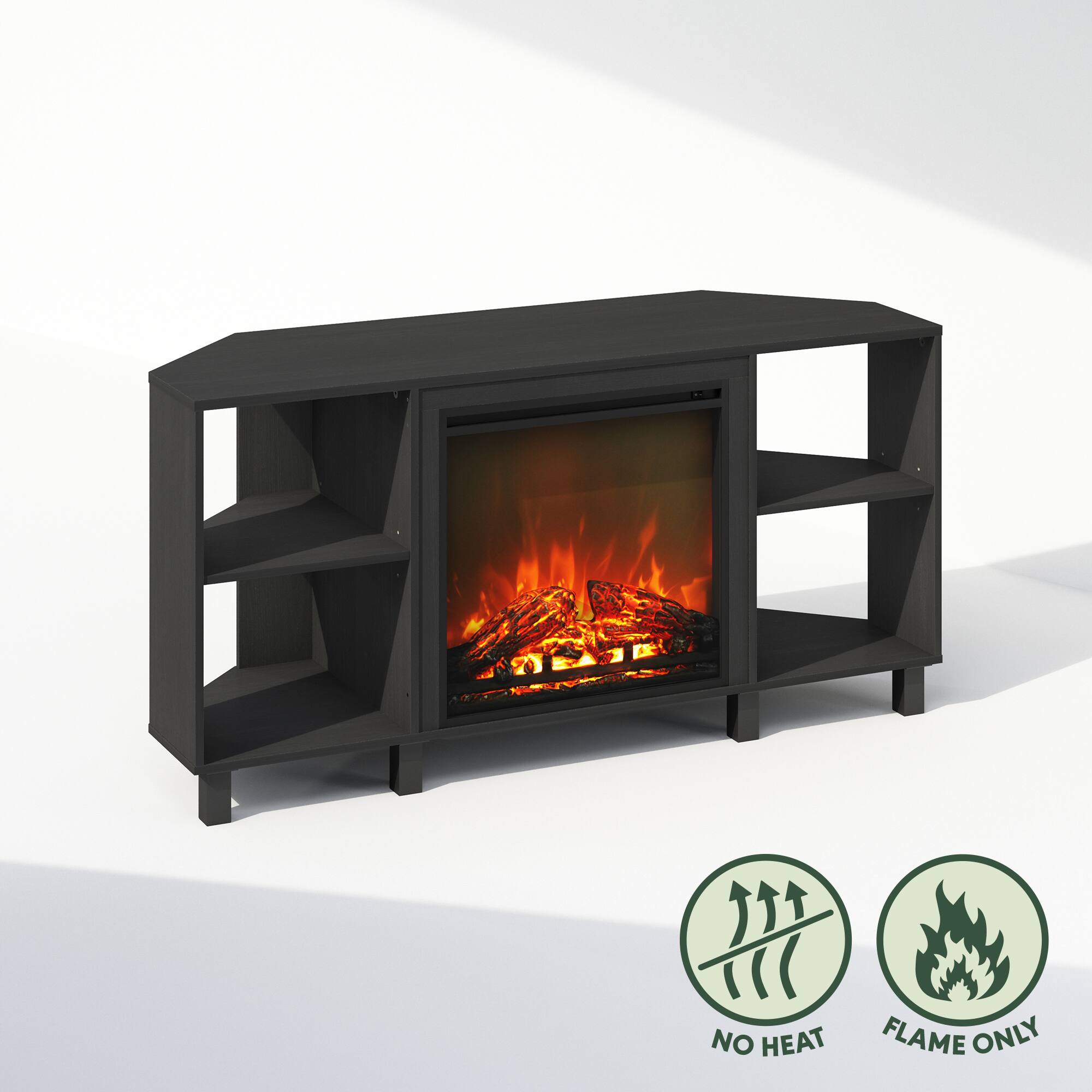 Furinno - Jensen No Heat Decorative Electric Fireplace Corner TV Stand, for TV up to 55 Inch with 4 Open Compartments - Americano