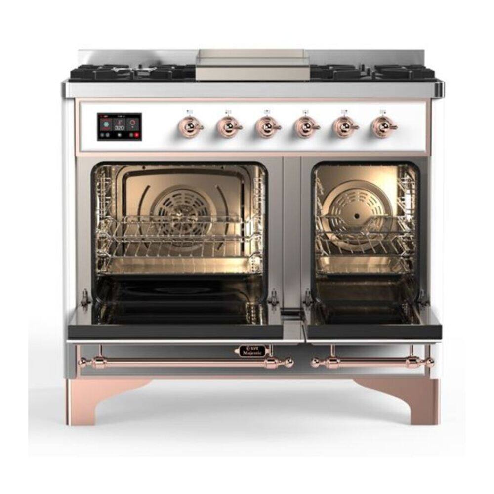 Alt View 2. ILVE - ILVE Majestic II Series  40 in. Dual Fuel Range with 6 Sealed Burners + Griddle (Natural Gas, Copper Trim) - White.
