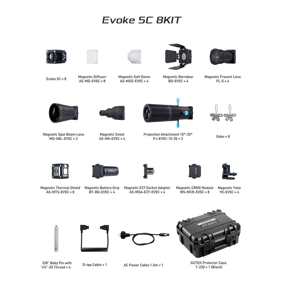 Evoke SC 8KIT

- Evoke SC x 8
- Magnetic Diffuser AS-MD-EVSC x 8
- Magnetic Soft Dome AS-MSD-EVSC x 4
- Magnetic Barn Door BD-EVSC x 4
- Magnetic Fresnel Lens FL-5 x 4
- Magnetic Spot Beam Lens MD-SBL-EVSC x 2
- Magnetic Snoot AS-MS-EVSC x 4
- Projection Attachment 15-35° PJ-EVSC-15-35 x 2
- Gobo x 8
- Magnetic Thermal Shield AS-MTS-EVSC x 8
- Magnetic Battery Grip BT-BG-EVSC x 4
- Magnetic E27 Socket Adapter AS-MSA-E27-EVSC x 4
- Magnetic CRMX Module WS-MCR-EVSC x 8
- Magnetic Yoke YK-EVSC x 4
- 5/8" Baby Pin with 1/4"-20 Thread x 4
- D-tap Cable x 1
- AC Power Cable 1.5m x 1
- GUTEK Protector Case T-