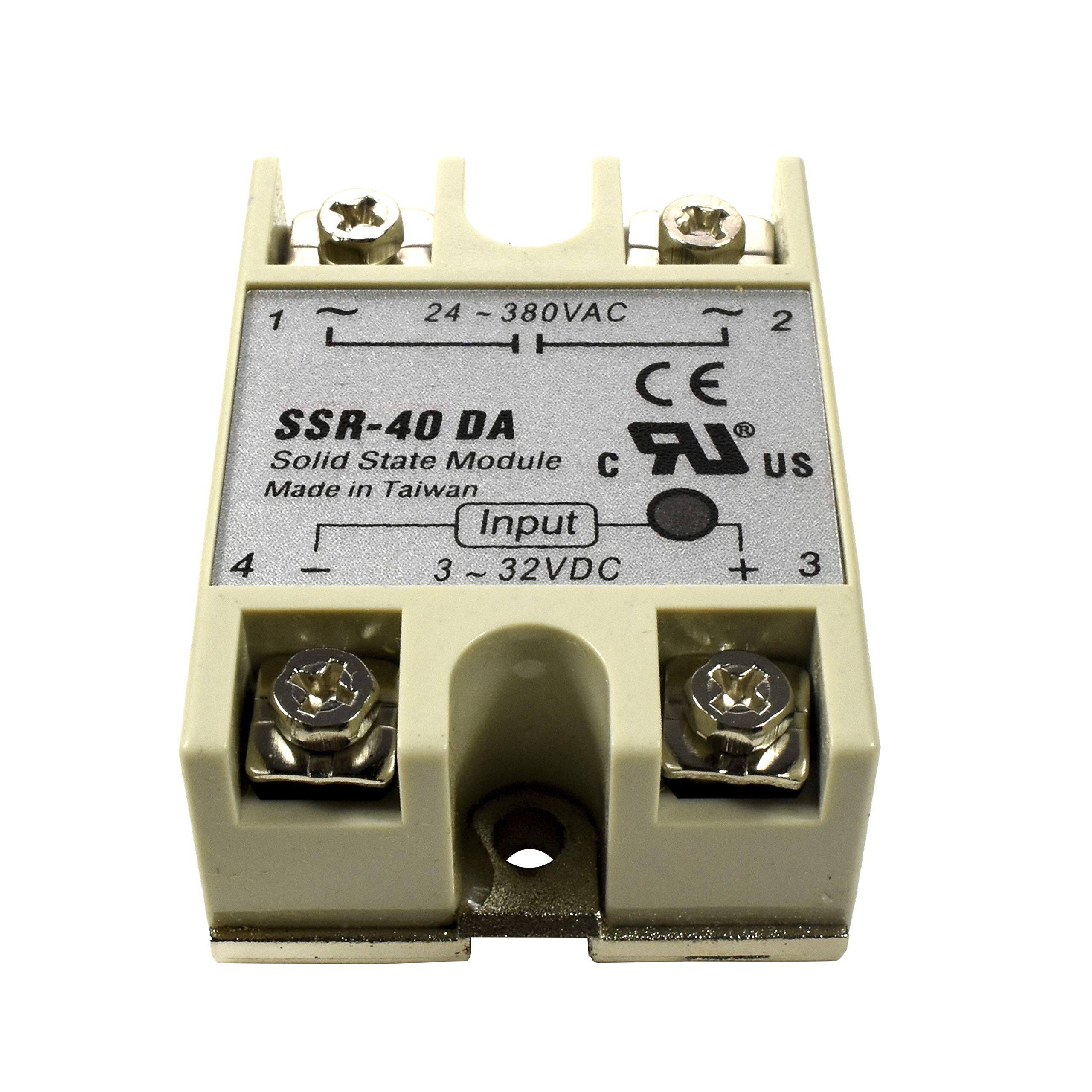 1 24 - 380VAC  
2  
SSR-40 DA  
Solid State Module  
Made in Taiwan  
Input 3 - 32VDC  
3  
4  
CE  
US