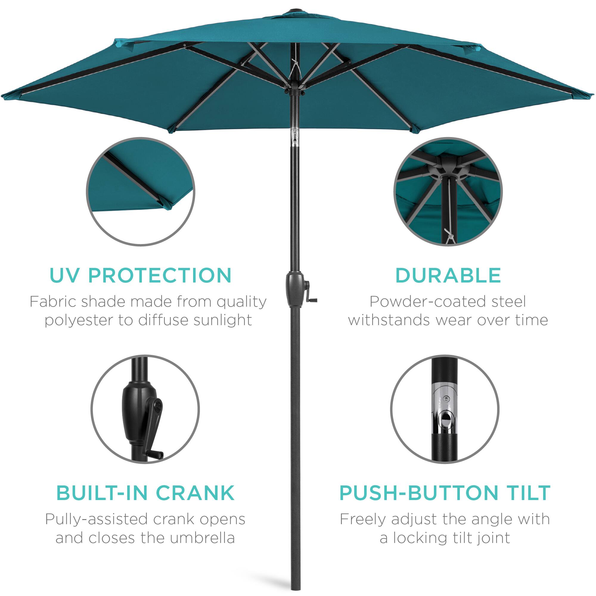 UV PROTECTION  
Fabric shade made from quality polyester to diffuse sunlight  

DURABLE  
Powder-coated steel withstands wear over time  

BUILT-IN CRANK  
Pully-assisted crank opens and closes the umbrella  

PUSH-BUTTON TILT  
Freely adjust the angle with a locking tilt joint