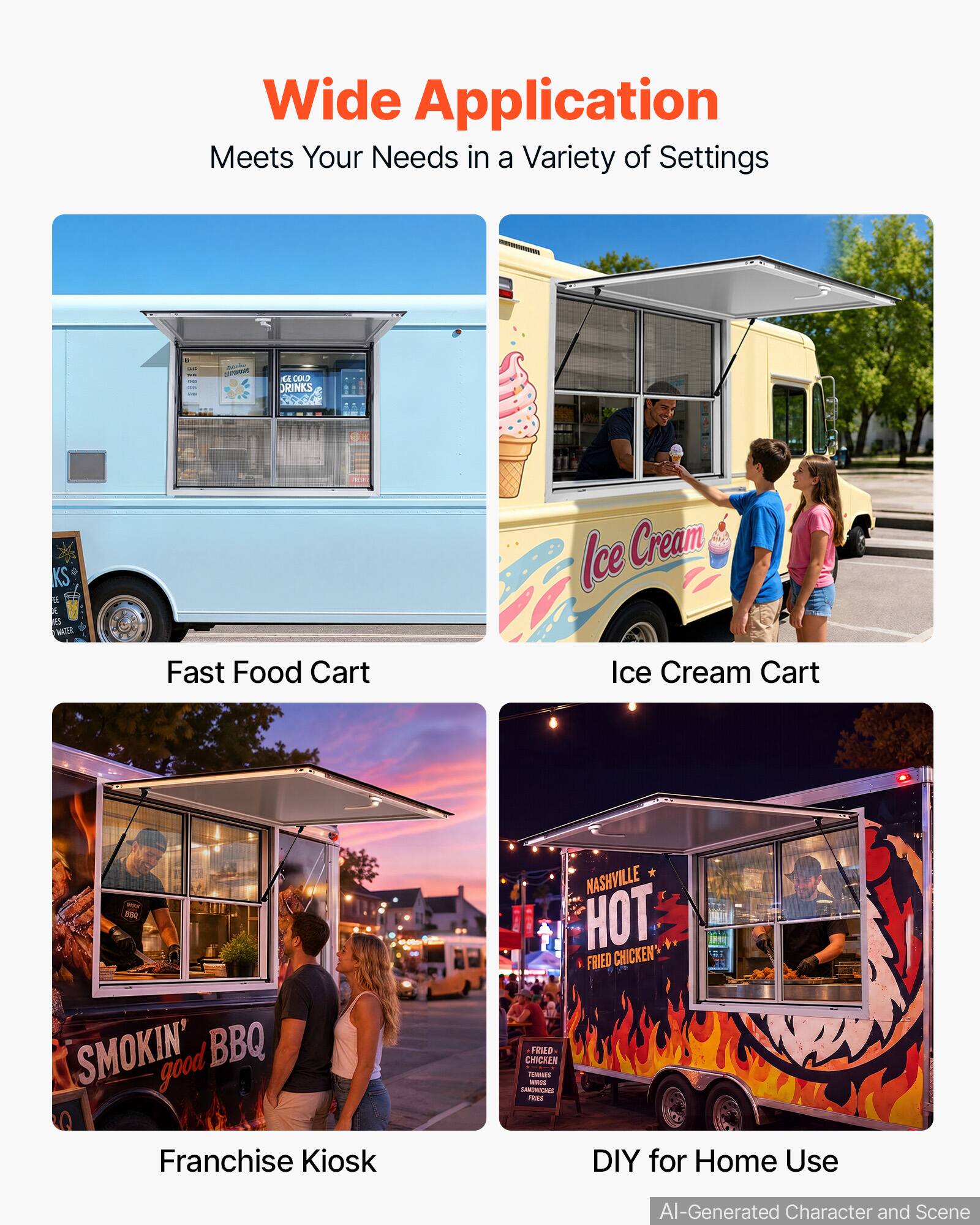 Wide Application Meets Your Needs in a Variety of Settings

- Fast Food Cart
- Ice Cream Cart
- Franchise Kiosk
- DIY for Home Use

AI-Generated Character and Scene