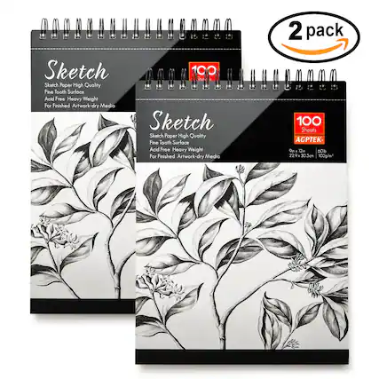 2 pack Sketch Paper High Quality Fine Tooth Surface Acid Free Heavy Weight For Finished Artwork-dry Media 190gsm 100 Sheets AGPTEK 9x 12in 60lb 22.9 x 30.5cm 100g/m