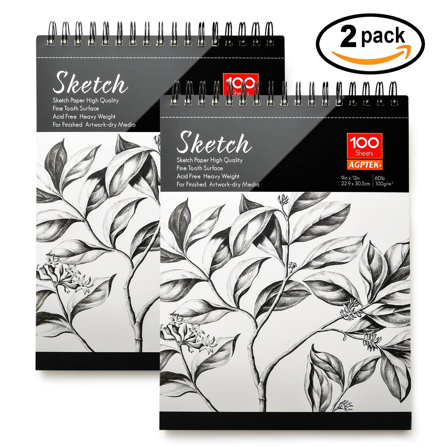 2 pack Sketch Paper High Quality Fine Tooth Surface Acid Free Heavy Weight For Finished Artwork-dry Media 190gsm 100 Sheets AGPTEK 9x 12in 60lb 22.9 x 30.5cm 100g/m