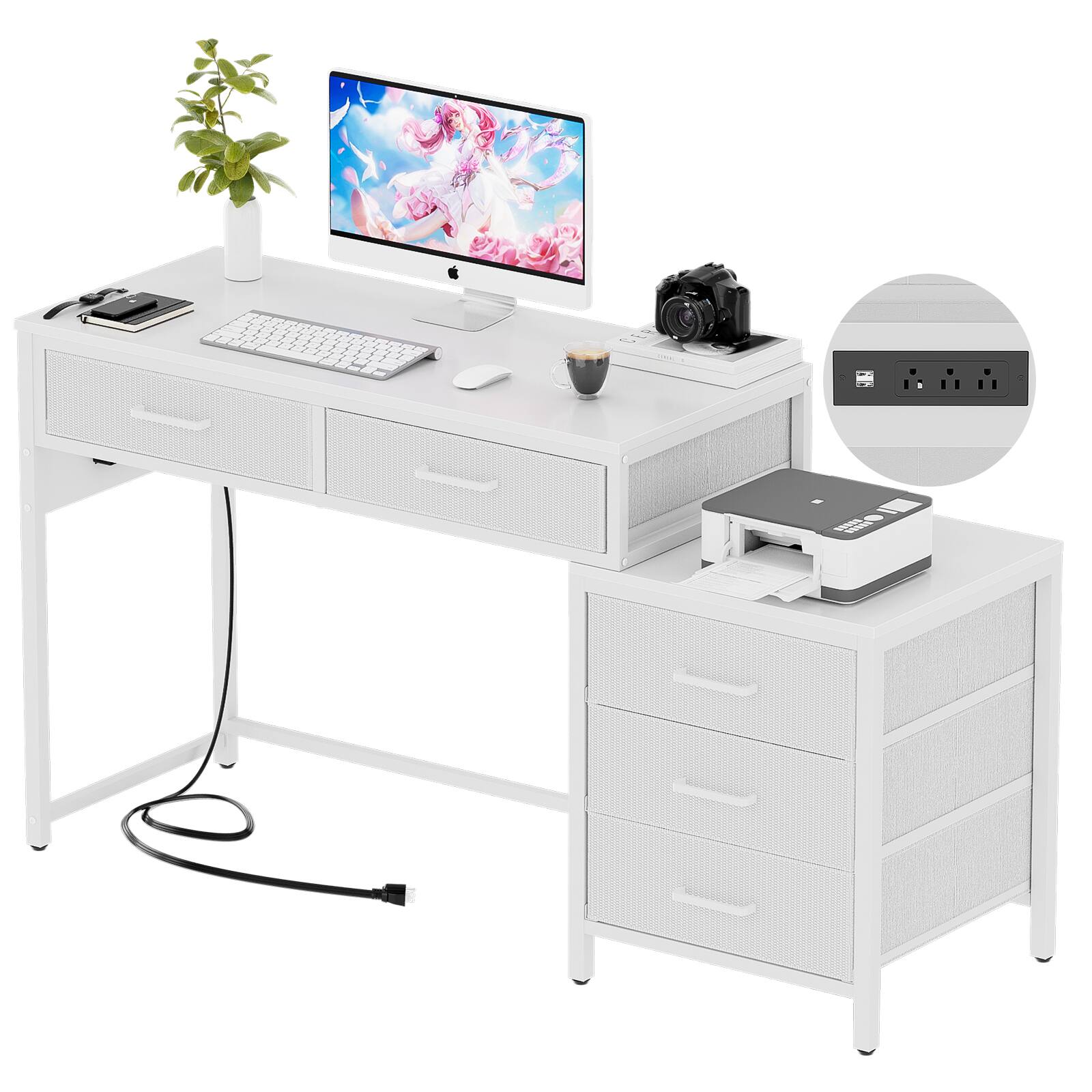 Alt View 4. Aheaplus - Computer Desk with 5 Fabric Drawers, Corner Home Office Desk with Filing Storage and Charging Station - White.