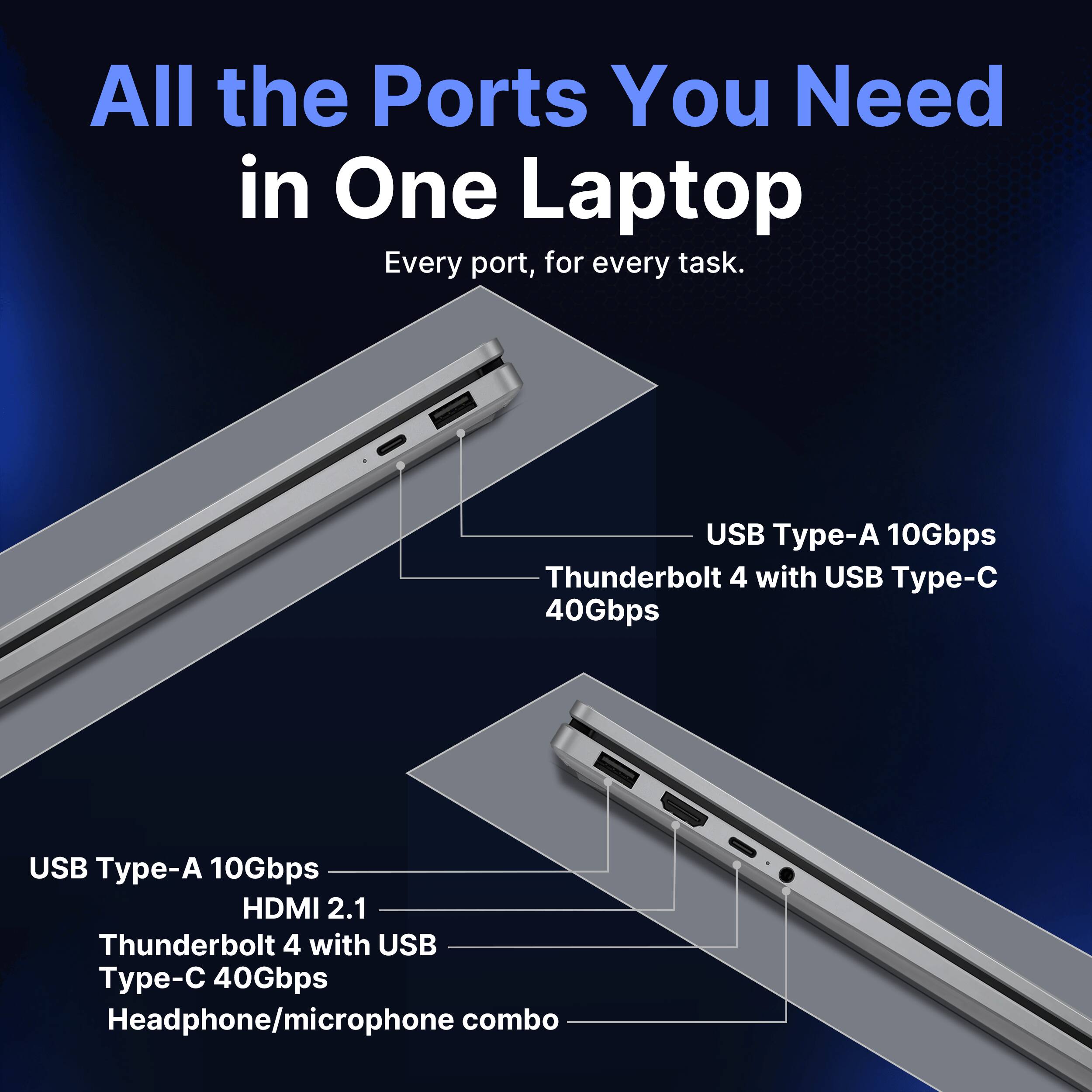 All the Ports You Need in One Laptop  
Every port, for every task.  

USB Type-A 10Gbps  
Thunderbolt 4 with USB Type-C 40Gbps  

USB Type-A 10Gbps  
HDMI 2.1  
Thunderbolt 4 with USB Type-C 40Gbps  
Headphone/microphone combo