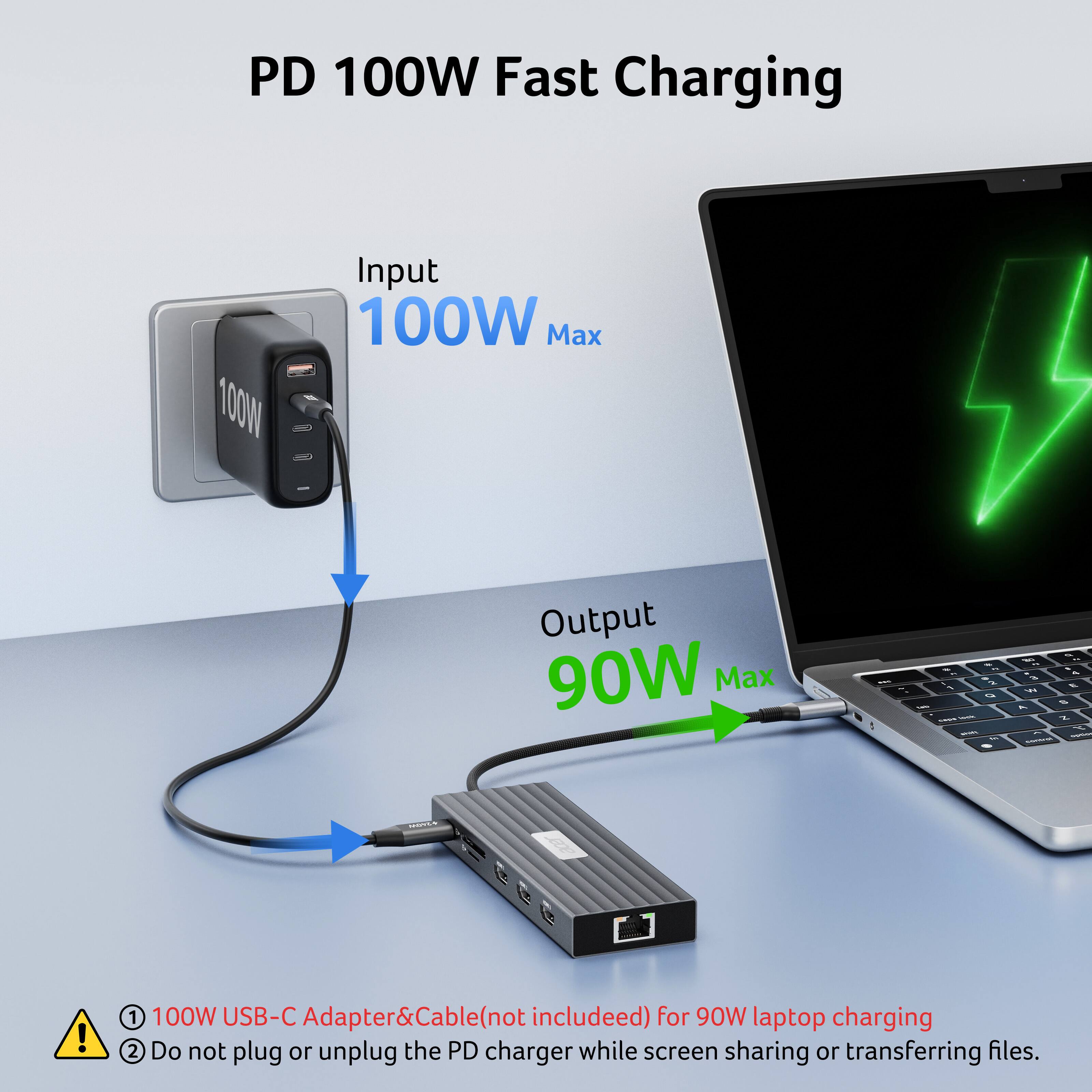 PD 100W Fast Charging  
Input 100W Max  
Output 90W Max  

1. 100W USB-C Adapter & Cable (not included) for 90W laptop charging  
2. Do not plug or unplug the PD charger while screen sharing or transferring files.