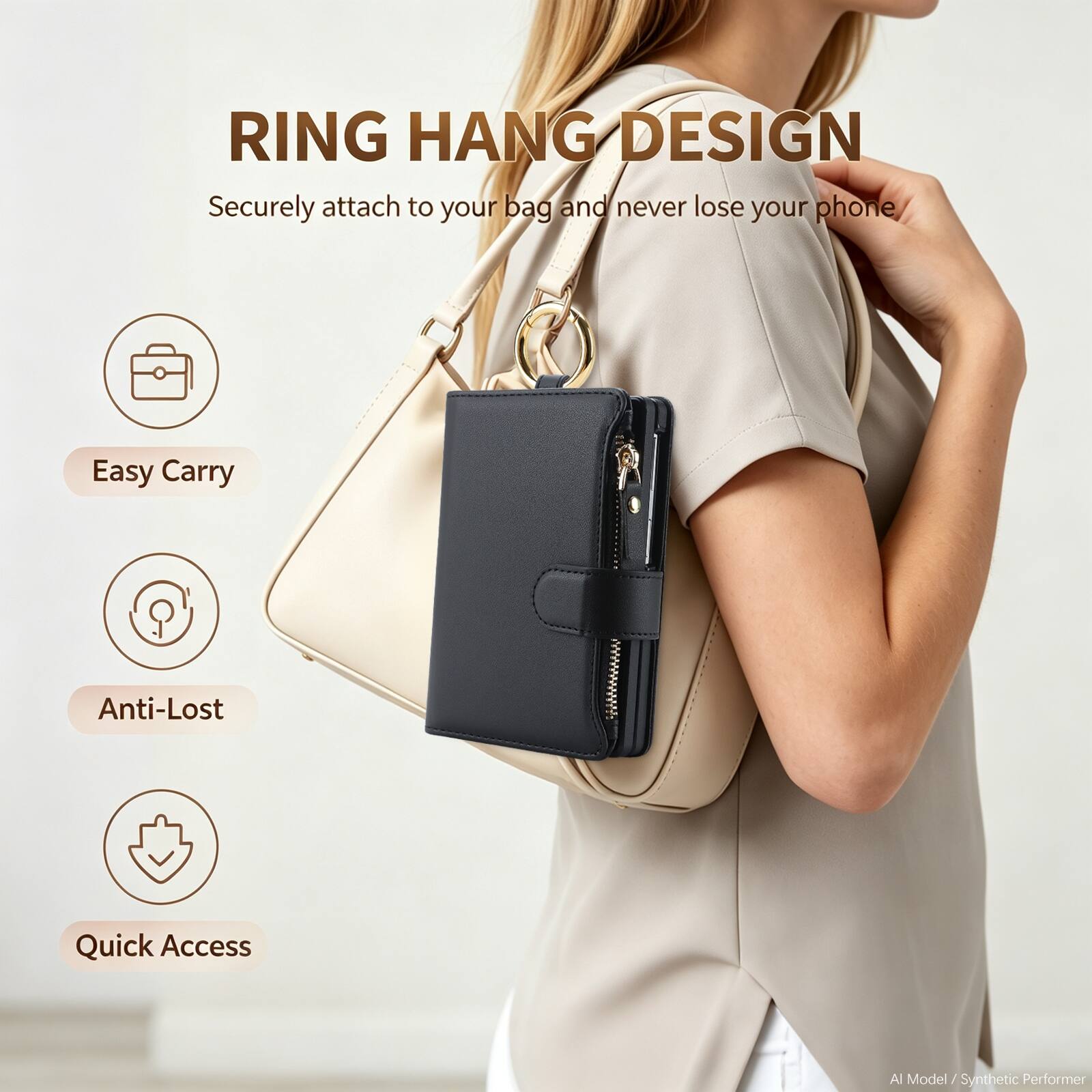 RING HANG DESIGN  
Securely attach to your bag and never lose your phone

Easy Carry  
Anti-Lost  
Quick Access  

Al Model / Synthetic Performer