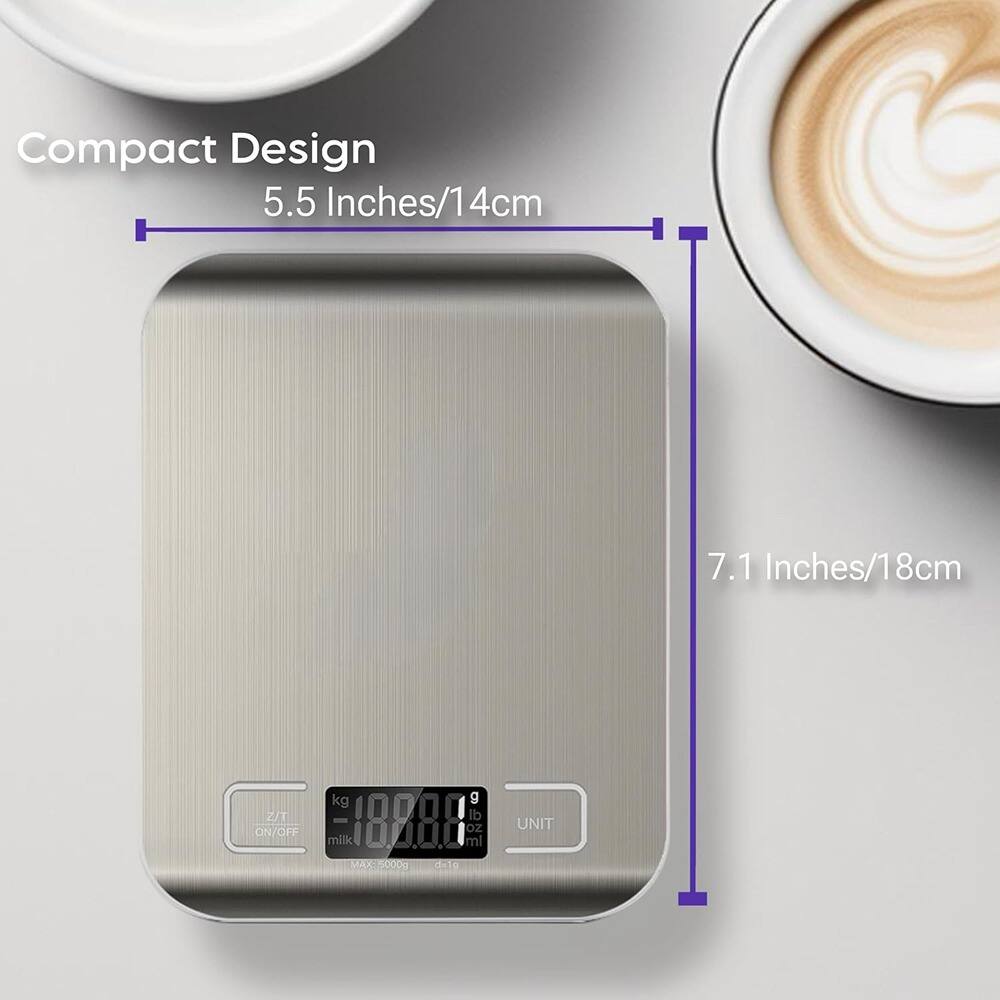 Compact Design  
5.5 Inches/14cm  
7.1 Inches/18cm  

Z/T ON/OFF  
kg 1888.8 g  
ml 0000  
MAX 5000g  
UNIT