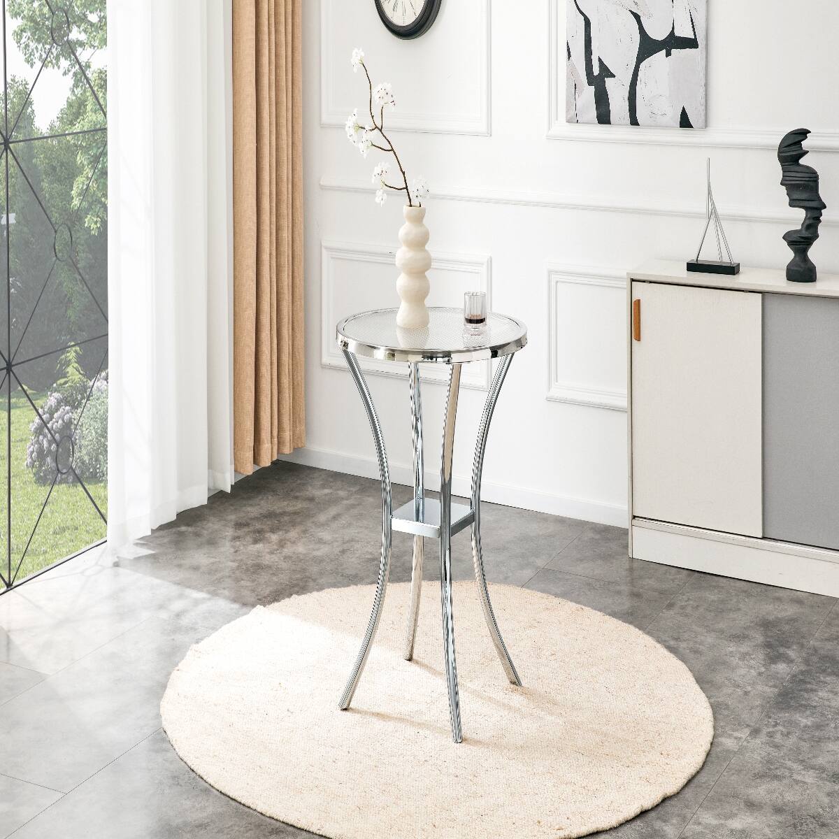 Loheer Round Tempered Glass Bar Table with Storage Shelf and Base ...