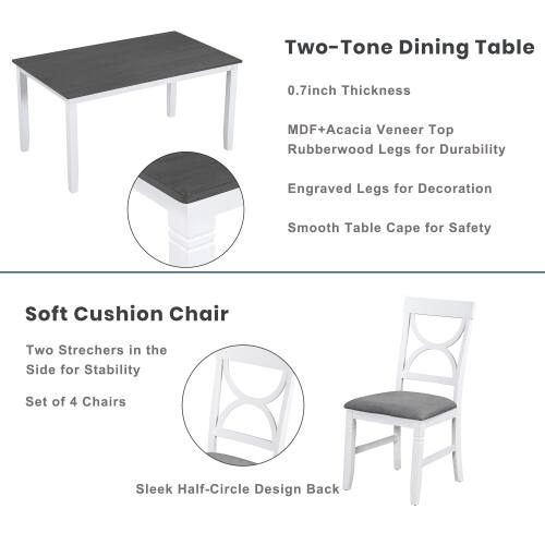 Two-Tone Dining Table  
0.7inch Thickness  
MDF+Acacia Veneer Top  
Rubberwood Legs for Durability  
Engraved Legs for Decoration  
Smooth Table Cape for Safety  

Soft Cushion Chair  
Two Strechers in the Side for Stability  
Set of 4 Chairs  
Sleek Half-Circle Design Back