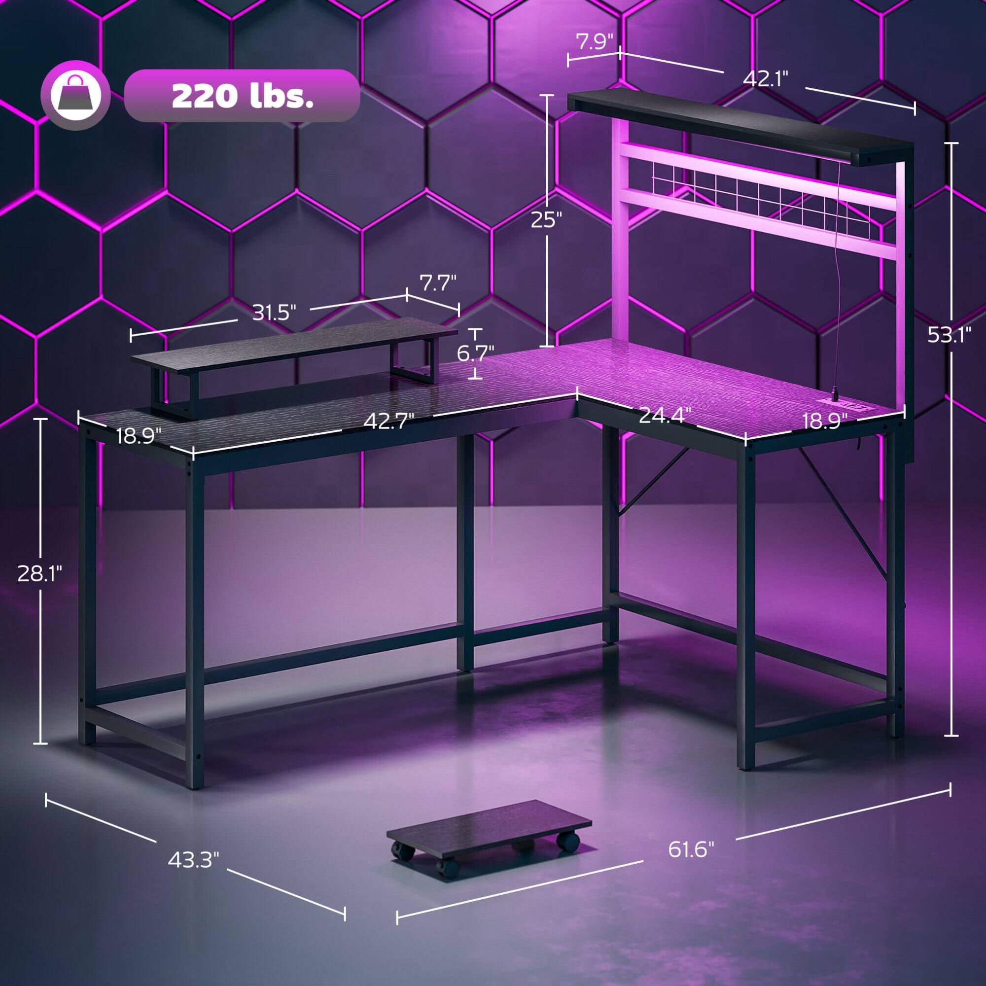 7.9"  
220 lbs.  
42.1"  
25"  
31.5"  
7.7"  
6.7"  
53.1"  
18.9"  
42.7"  
24.4"  
18.9"  
28.1"  
43.3"  
61.6"
