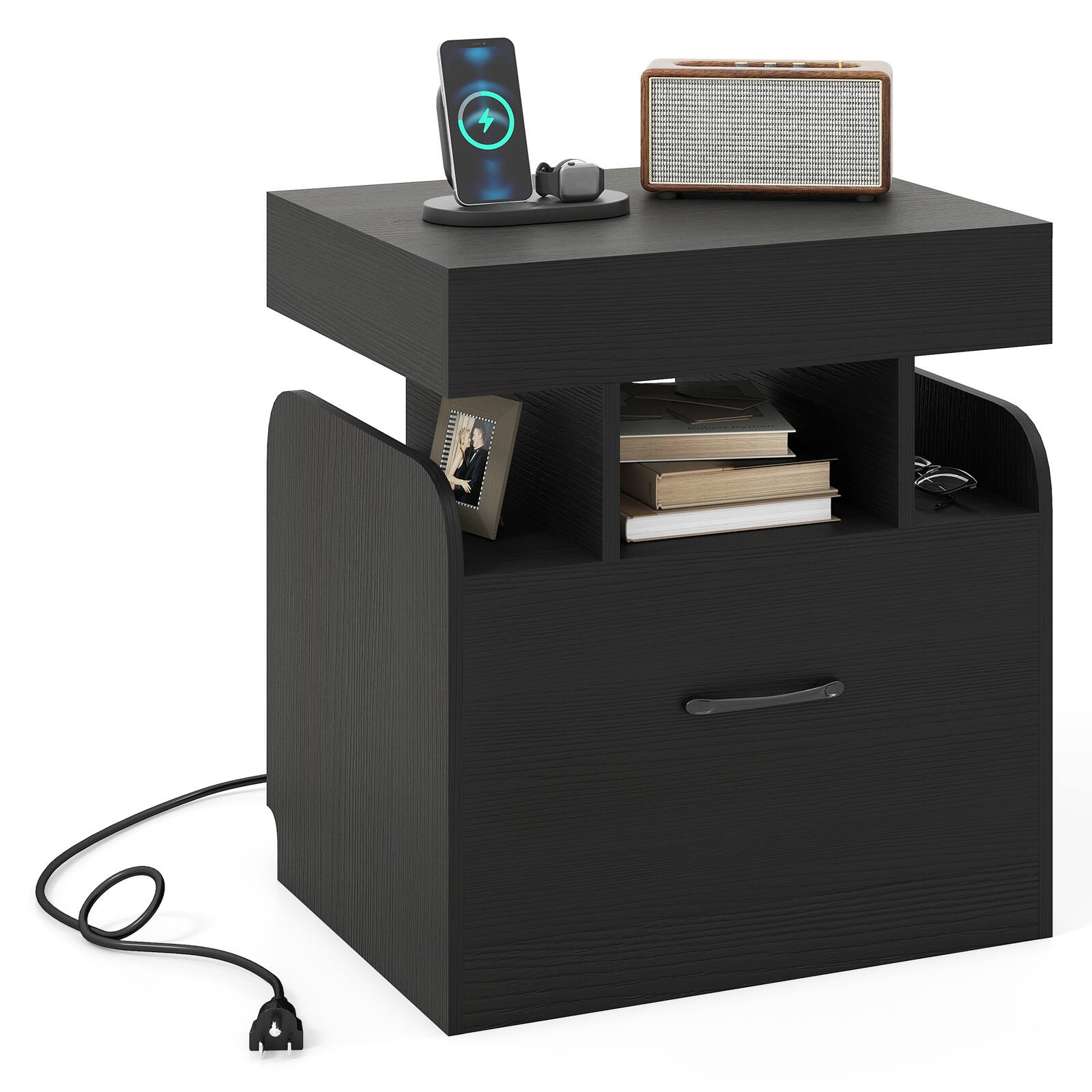 Gymax - Nightst& w/ Charging Station Drawer & Sliding Top Storage Tray Open Shelves - Black