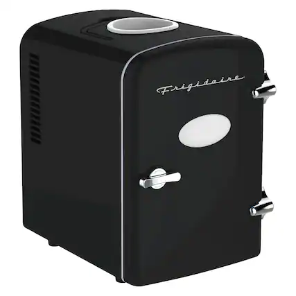 Front. Frigidaire - 6+1-Can 48W Retro Mini Portable Fridge, Top-Mounted Active-Cooling Can Holder - Black.