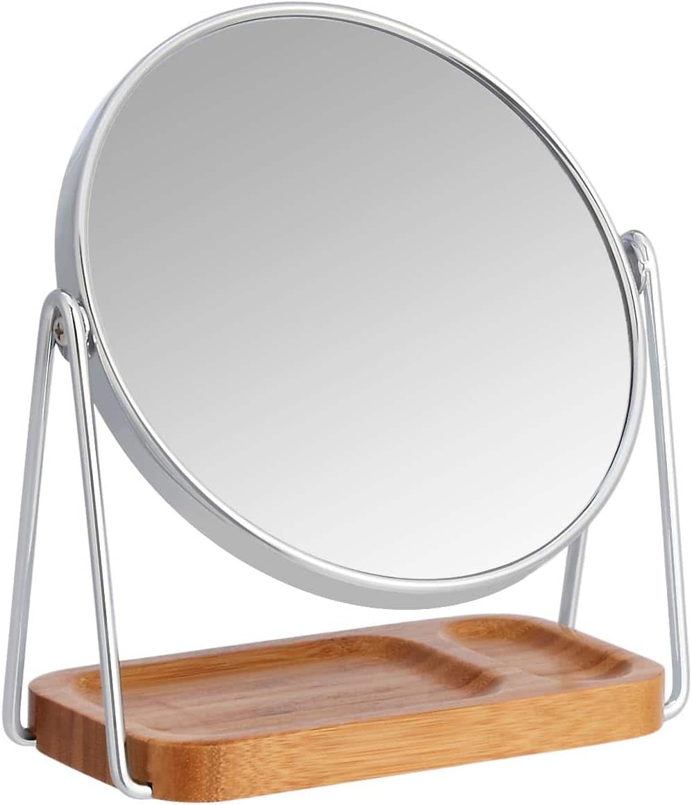 Stamp n Camp - Amazon Basics Vanity Round Tabletop Mount Mirror with Squared Bamboo Tray Magnification, Chrome, 7.2"L x 3.35"W - 7.2"L x 3.4"W-Chrome Rim with Bamboo Base