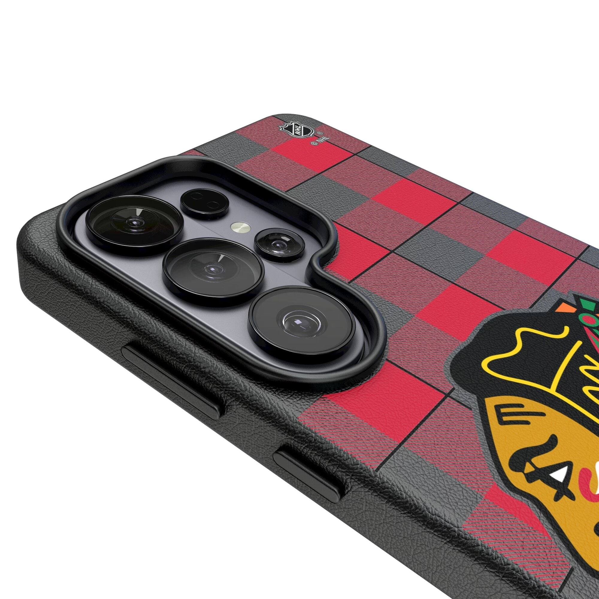 Alt View 2. Keyscaper - Chicago Blackhawks Plaid Galaxy Magnetic Bump Case - S24 Ultra - Black.