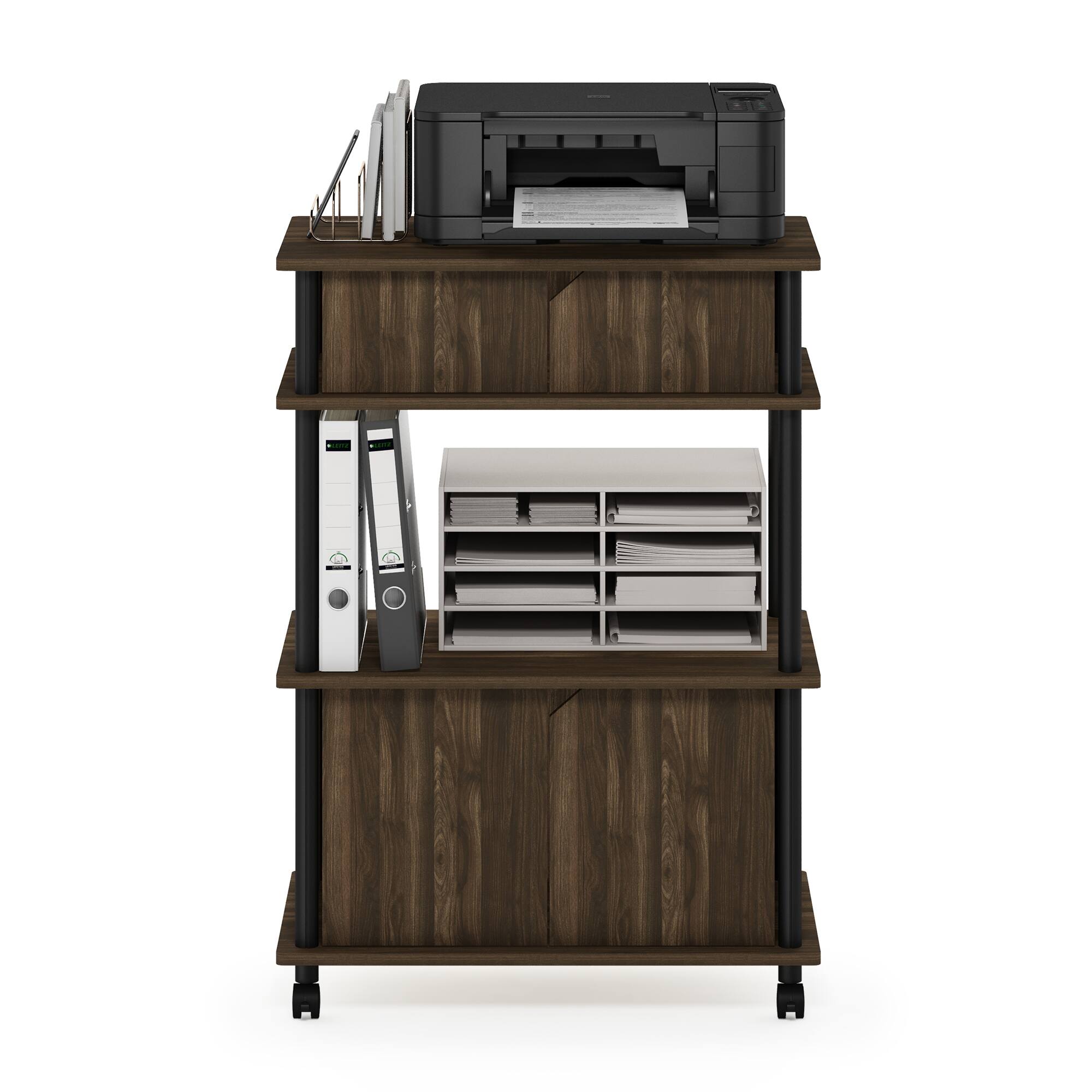 Alt View 5. Furinno - TURN-N-TUBE Printer Stand, Mobile Printer Stand with Storage Shelf, Closed Cabinet, Wheels, for Home Office - Brown Walnut/Black.