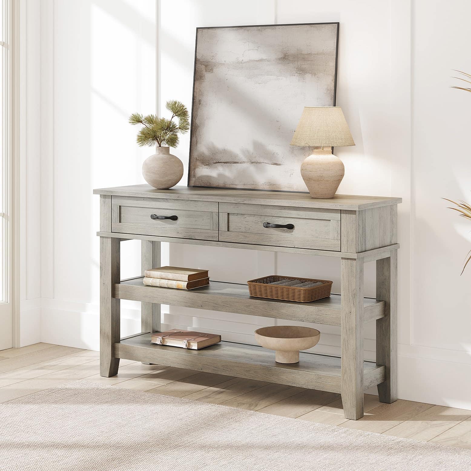 Jojoka - Entryway Table, Console Table with 2 Storage Drawers, 3 Tier Farmhouse Wooden Sofa Table - Gray