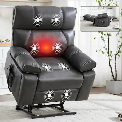 Front. Kadyn - Oversized Dual Motor Power Lift Recliner, 25" Wide Seat, Massage & Heat, 350lb Capacity, Dark Gray - Gray.