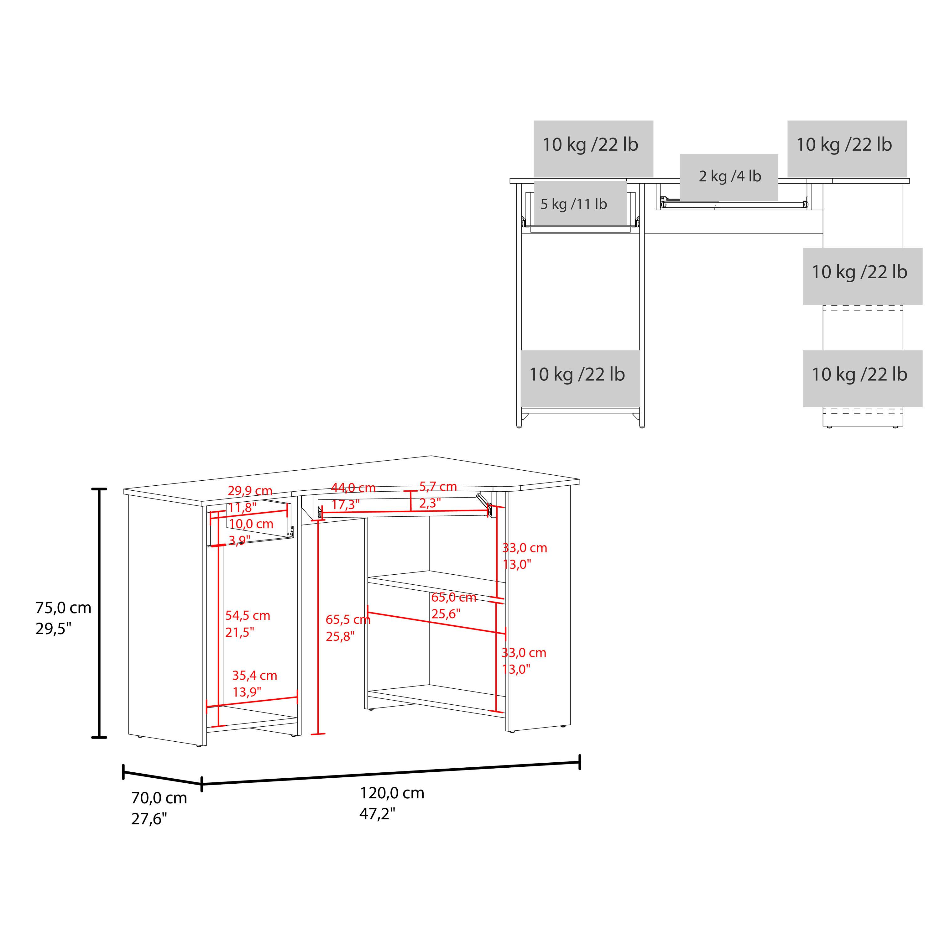 1. Weights:
   - 10 kg / 22 lb
   - 5 kg / 11 lb
   - 2 kg / 4 lb

2. Dimensions:
   - 75.0 cm / 29.5"
   - 70.0 cm / 27.6"
   - 120.0 cm / 47.2"
   - 29.9 cm / 11.8"
   - 10.0 cm / 3.9"
   - 44.0 cm / 17.3"
   - 5.7 cm / 2.3"
   - 65.0 cm / 25.6"
   - 33.0 cm / 13.0"
   - 54.5 cm / 21.5"
   - 35.4 cm / 13.9"
   - 65.5 cm / 25.8"
   - 33.0 cm / 13.0"
