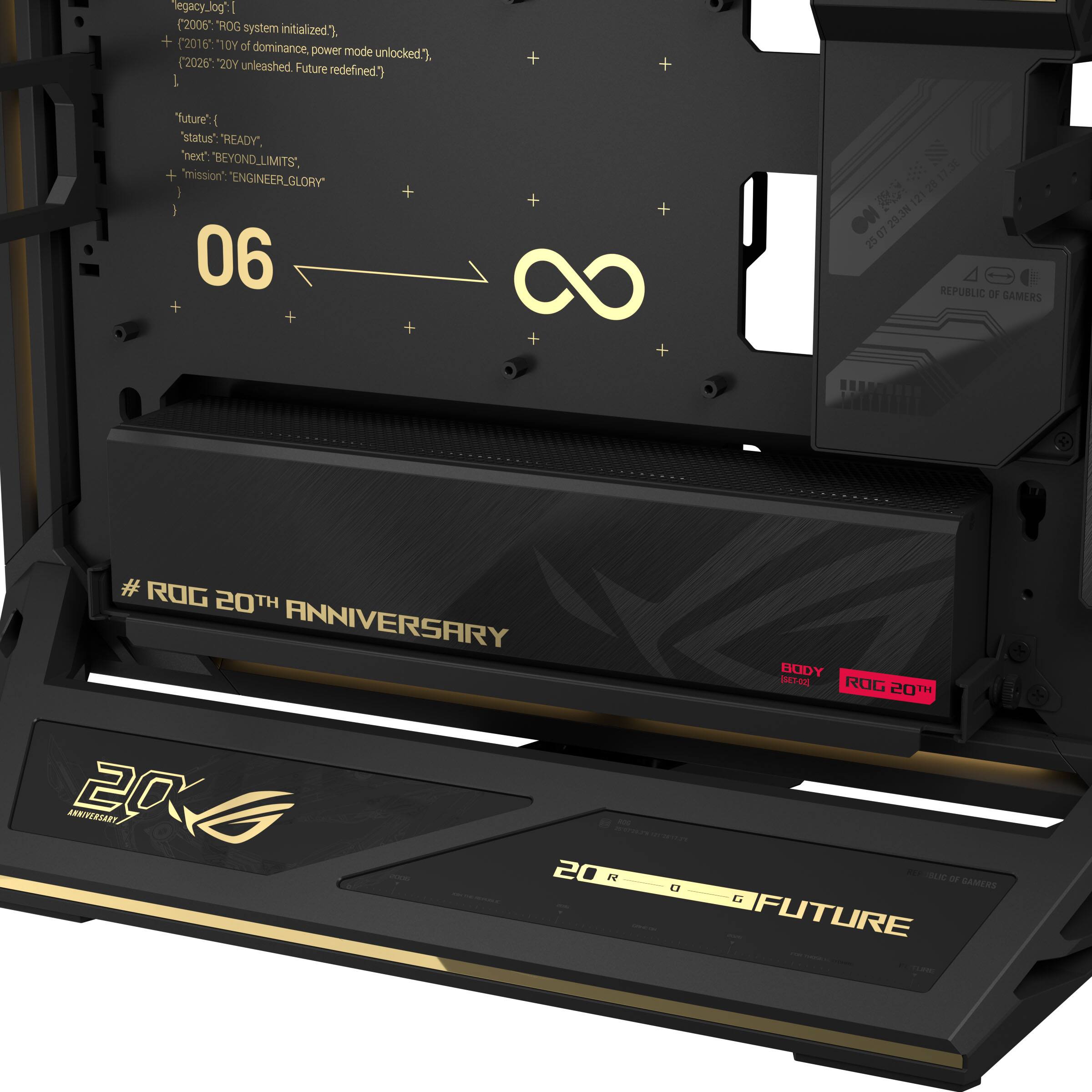legacy_logI (2006 "ROG system initialized."). + (2016 "10Y of dominance, power mode unlocked"), (2026 "20Y unleashed. Future redefined") + "future": { "status": "READY", "next": "BEYOND_LIMITS", "mission": "ENGINEER_GLORY" } 06 REPUBLIC OF GAMERS ROG 20TH ANNIVERSARY