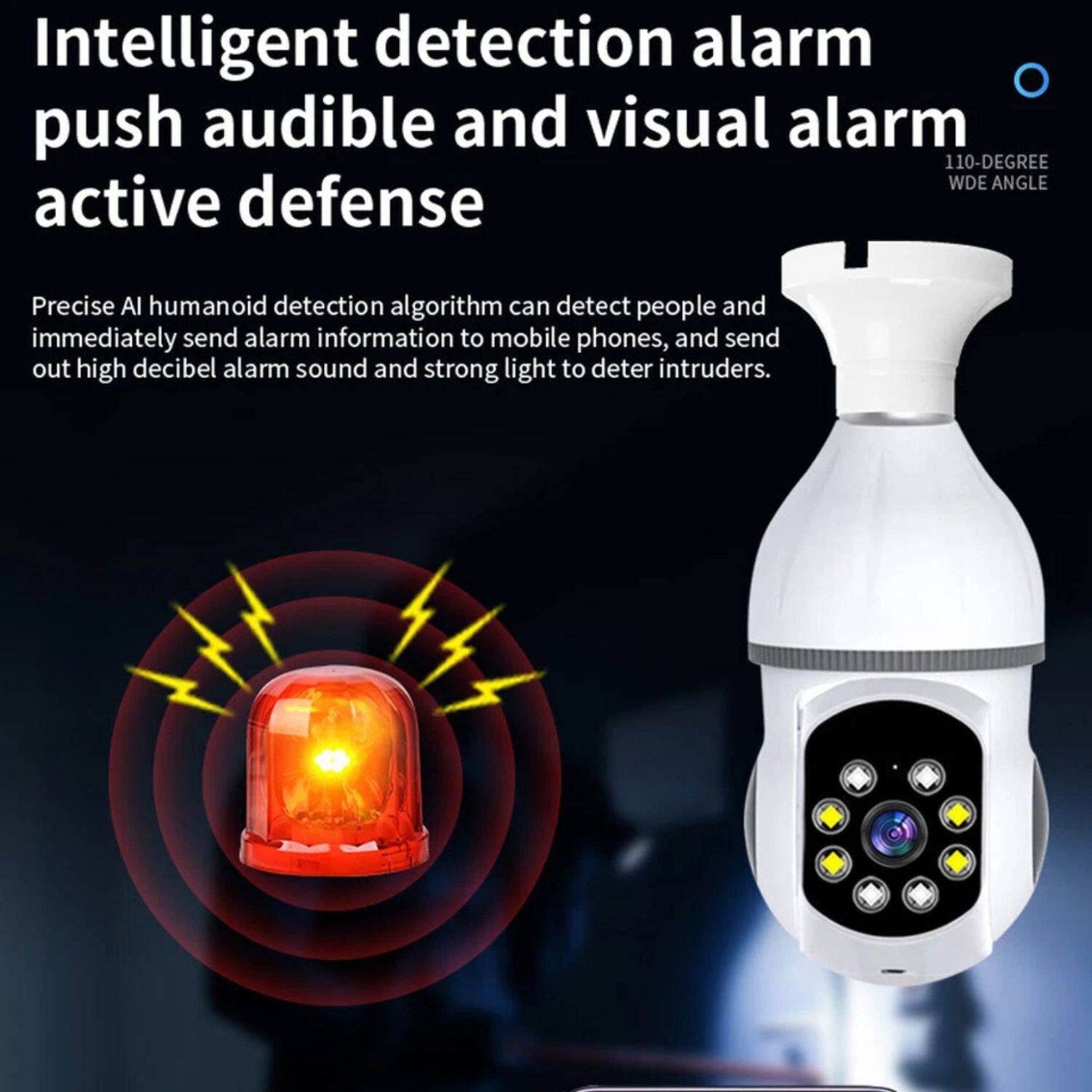 Intelligent detection alarm push audible and visual alarm active defense

Precise AI humanoid detection algorithm can detect people and immediately send alarm information to mobile phones, and send out high decibel alarm sound and strong light to deter intruders.

110-DEGREE WIDE ANGLE