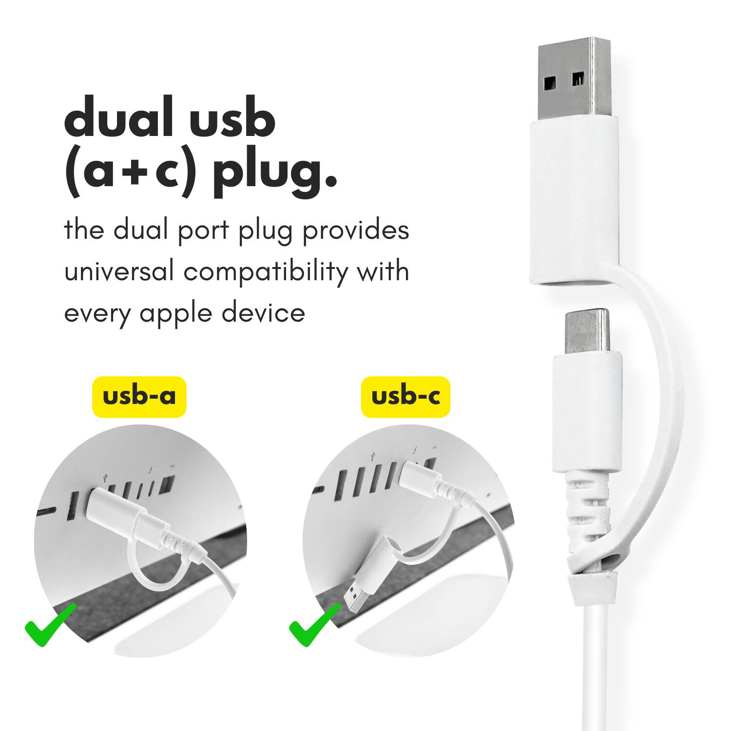 dual usb (a+c) plug.  
the dual port plug provides universal compatibility with every apple device  
usb-a usb-c