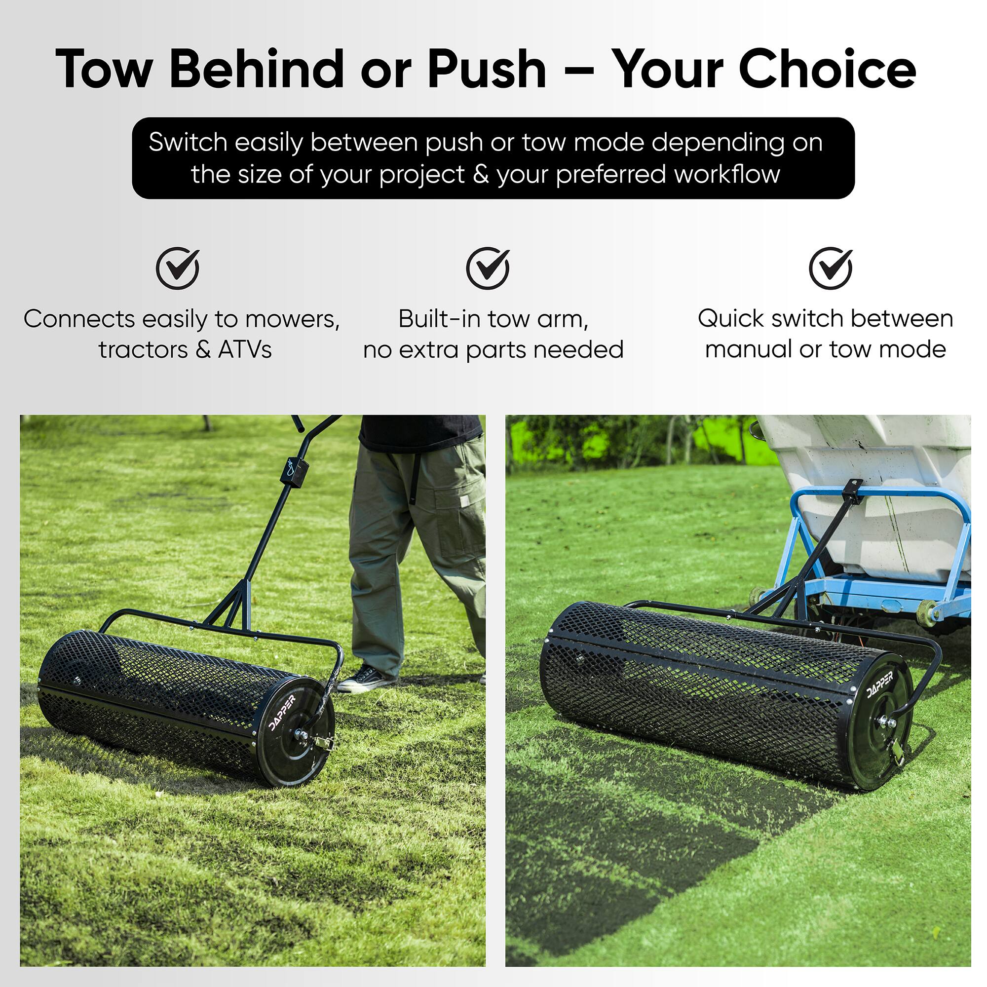 Tow Behind or Push – Your Choice

Switch easily between push or tow mode depending on the size of your project & your preferred workflow

- Connects easily to mowers, tractors & ATVs
- Built-in tow arm, no extra parts needed
- Quick switch between manual or tow mode