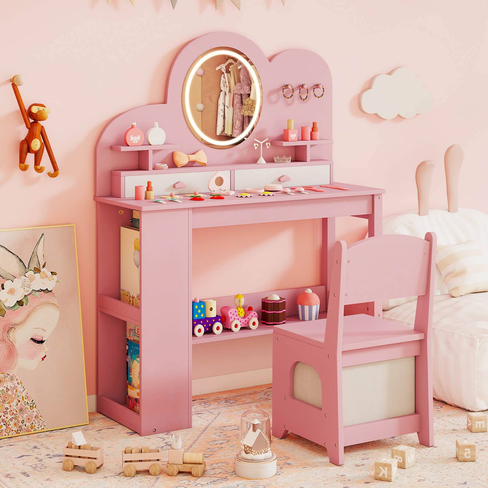Alt View 1. Costway - Costway Kids Vanity with Lights, 2 Drawers & 2-Tier Bookshelf, 3 Hooks & 2 Open Shelves - Pink.