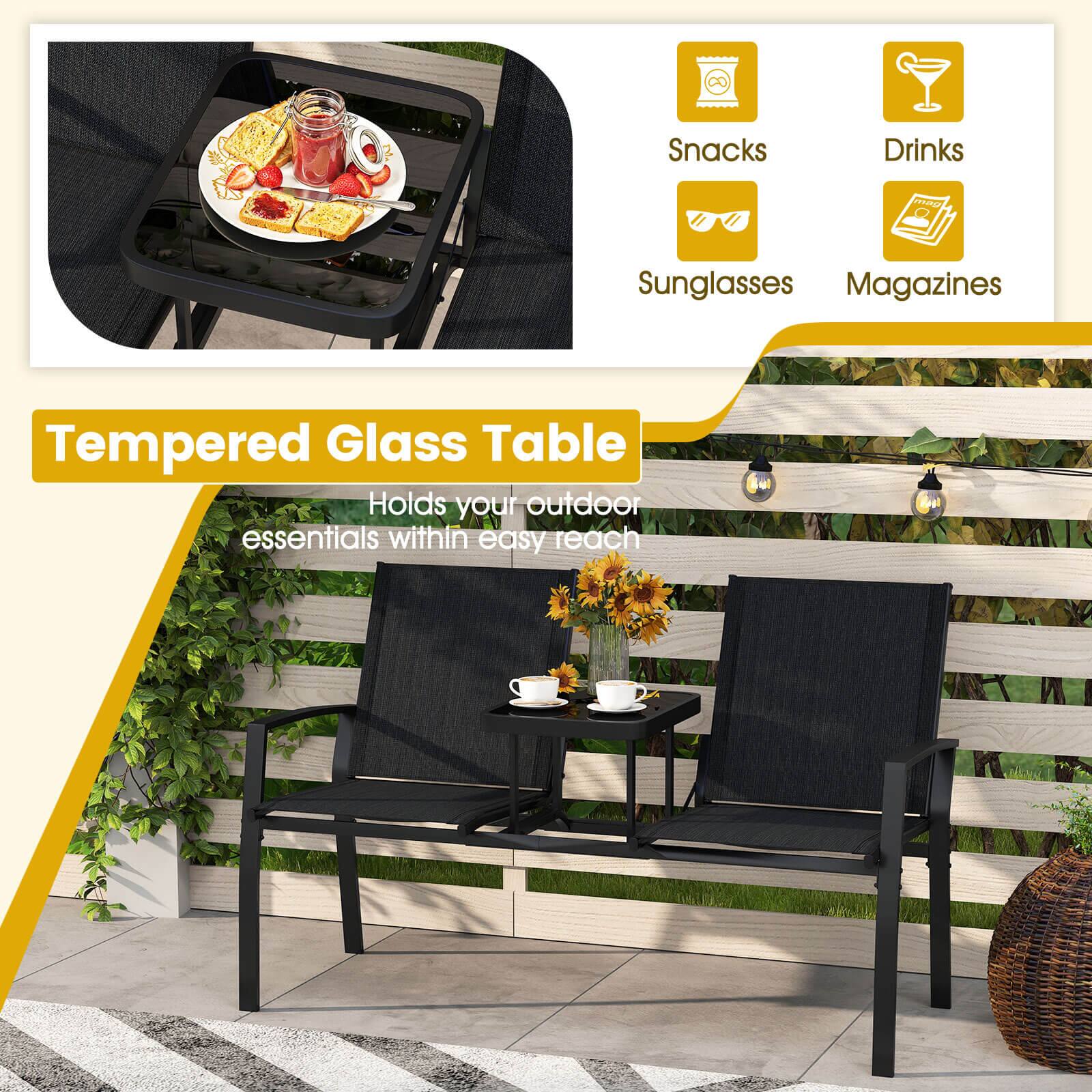 Tempered Glass Table  
Holds your outdoor essentials within easy reach  

- Snacks  
- Drinks  
- Sunglasses  
- Magazines
