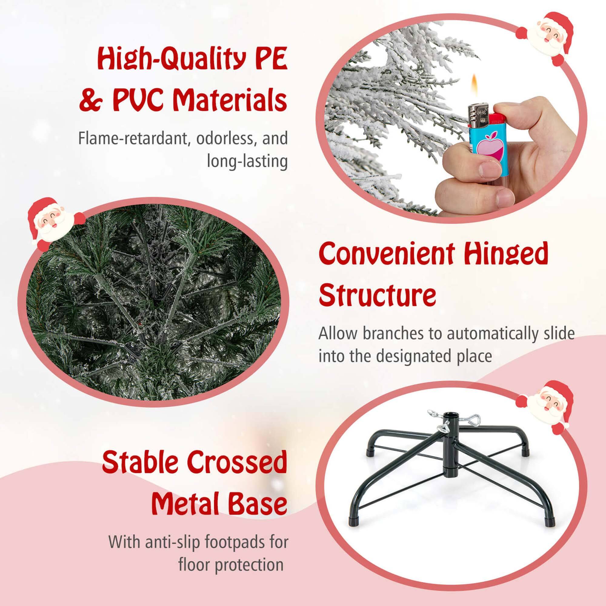 High-Quality PE & PUC Materials: Flame-retardant, odorless, and long-lasting. Convenient Hinged Structure: Allow branches to automatically slide into the designated place. Stable Crossed Metal Base: With anti-slip footpads for floor protection.
