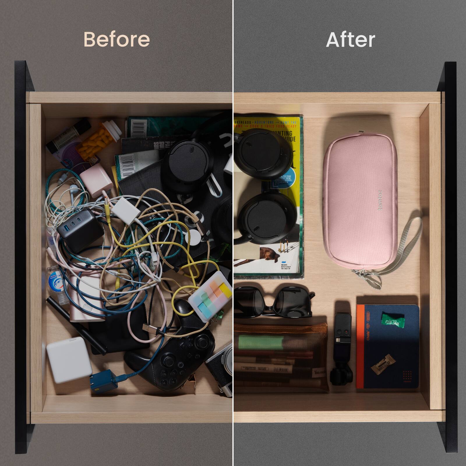 Before: A cluttered drawer with various items such as a camera, cell phone, and books.

After: A neatly organized drawer with items like a camera, cell phone, and books.