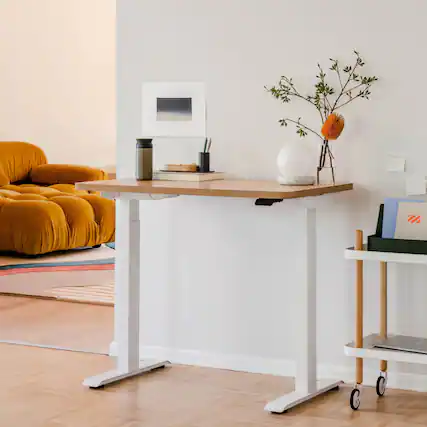 Front. Branch Furniture - Duo Standing Desk 58" – Adjustable Desk with OLED Control Panel, Frameless Design & Compact Footprint - Woodgrian / White.