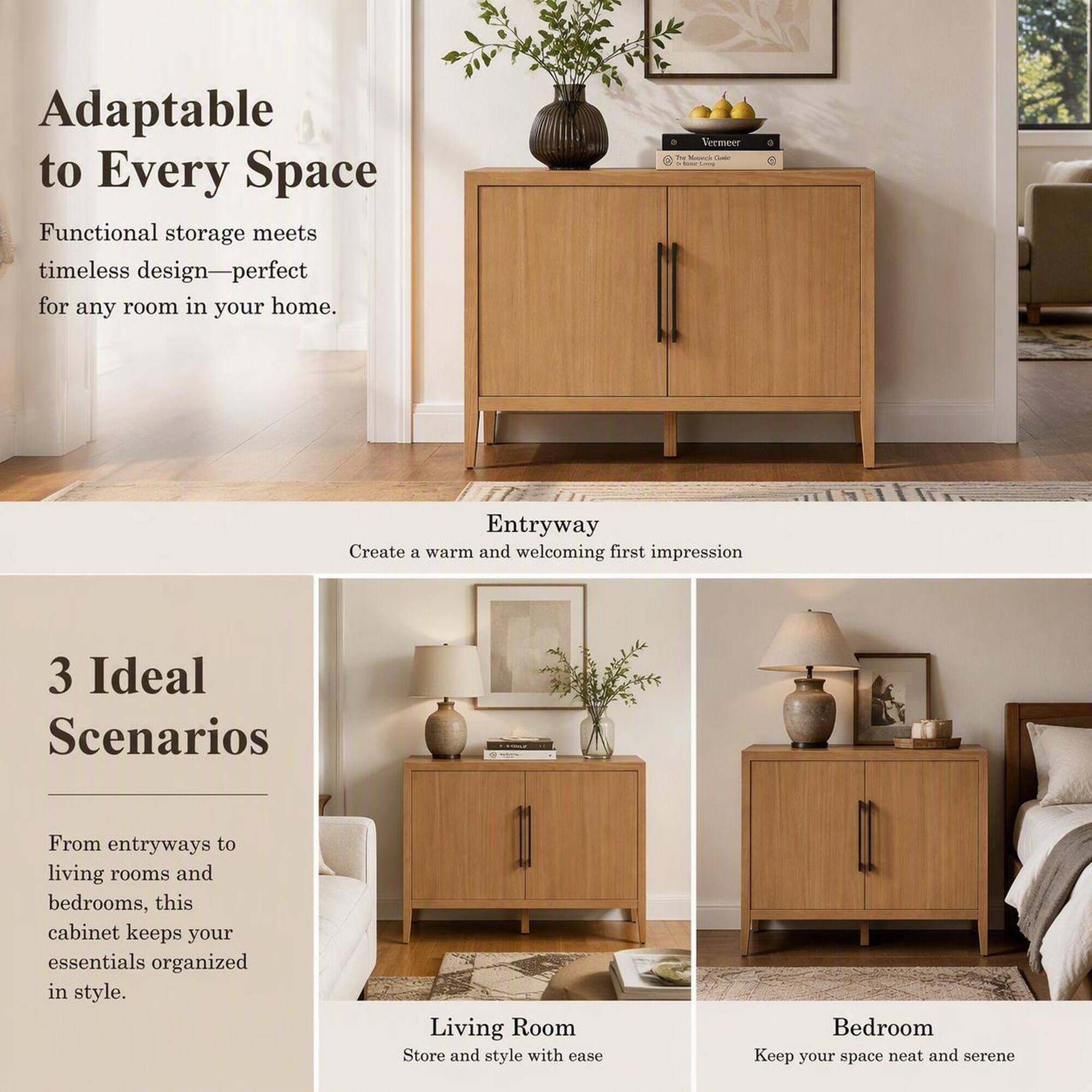 Adaptable to Every Space  
Functional storage meets timeless design—perfect for any room in your home.

Entryway  
Create a warm and welcoming first impression

3 Ideal Scenarios  
From entryways to living rooms and bedrooms, this cabinet keeps your essentials organized in style.

Living Room  
Store and style with ease

Bedroom  
Keep your space neat and serene