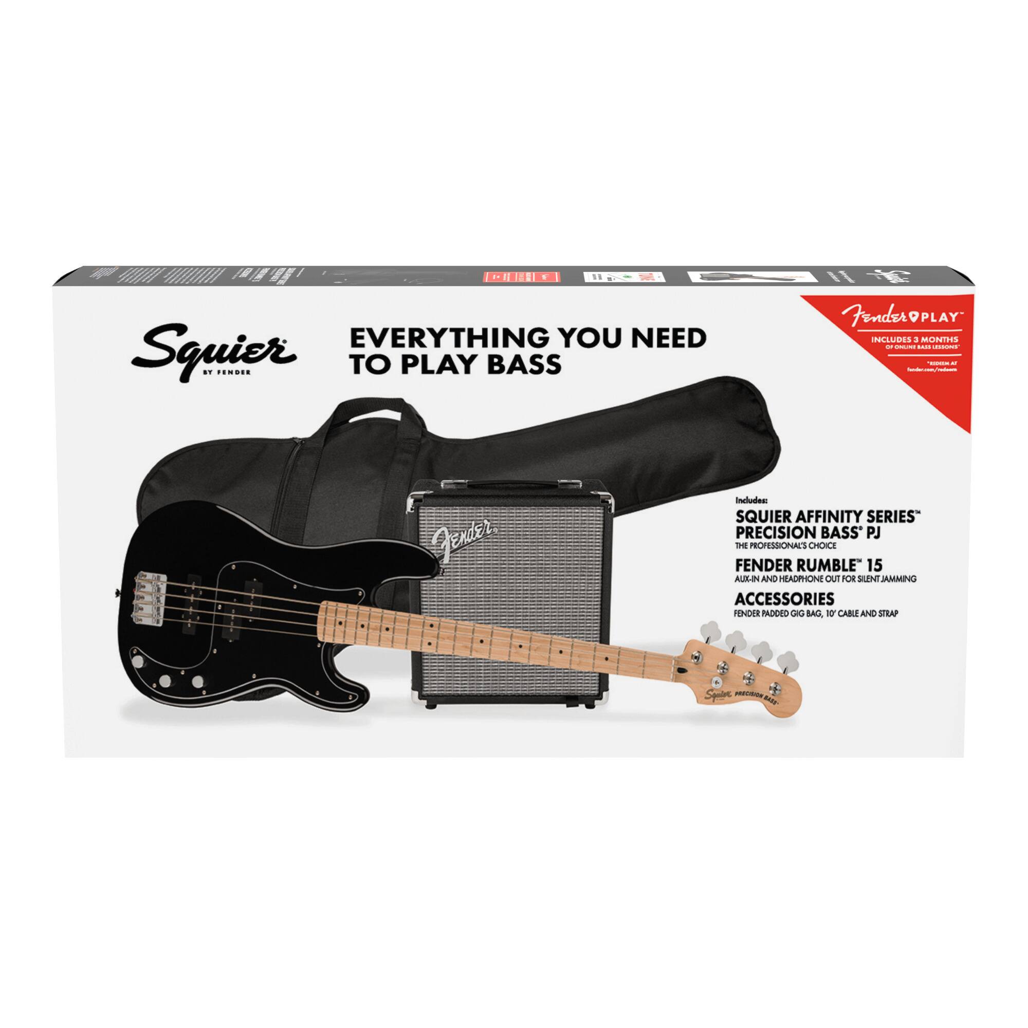 1. EVERYTHING YOU NEED TO PLAY BASS  
   Squier EMO  
   Fender PLAY  
   INCLUDES 3 MONTHS  
   Fender PLAY  

2. SQUIER AFFINITY SERIES PRECISION BASS PJ  
   THE PROFESSIONAL'S CHOICE  

3. FENDER RUMBLE 15  
   AMP AND HEADPHONE OUT FOR SILENT JAMMING  

4. ACCESSORIES  
   FENDER PADDED GIG BAG, 10 CABLE AND STRAP