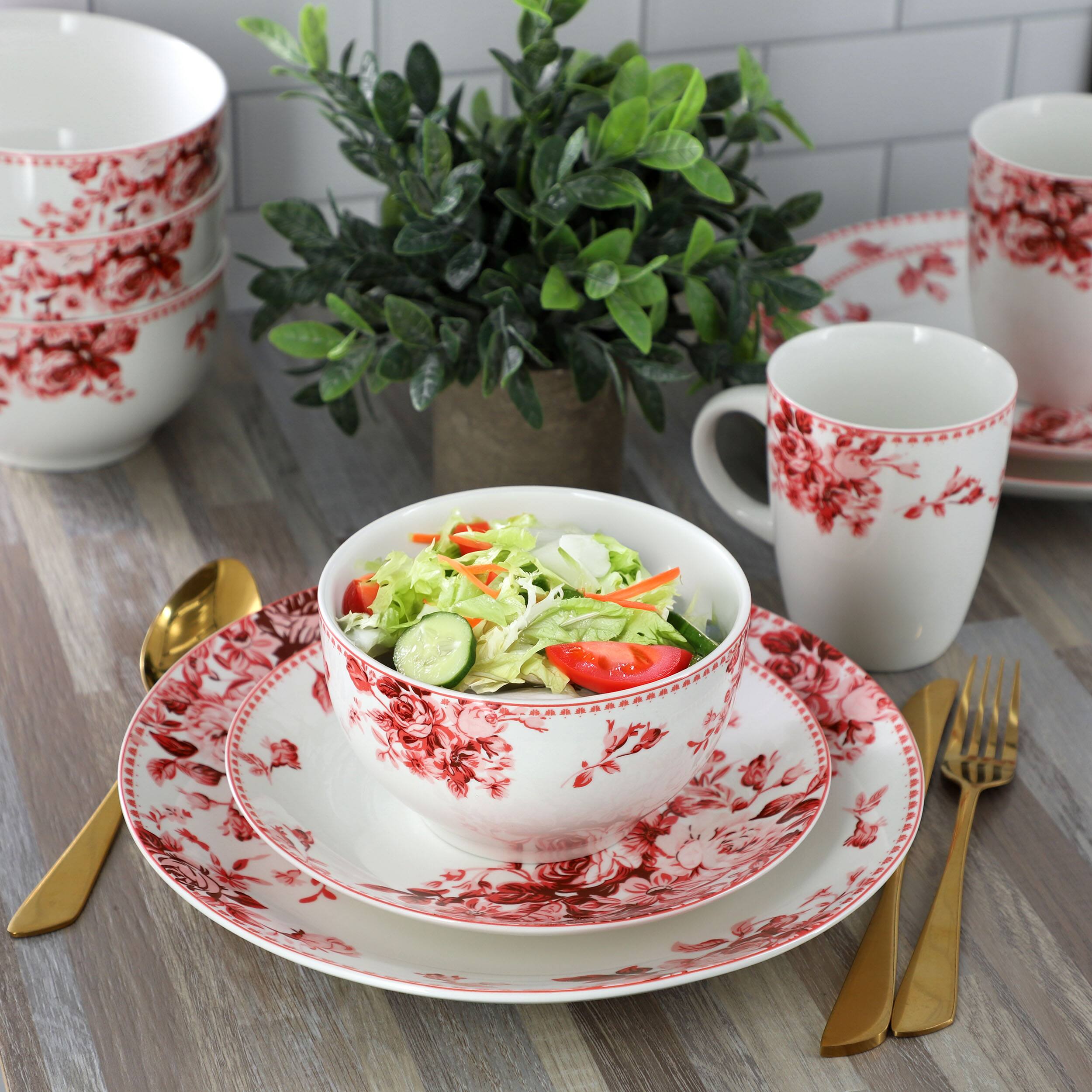 Alt View 7. Elama - Elama Traditional Red Rose 16 Piece Stoneware Dinnerware Set - White and Red.