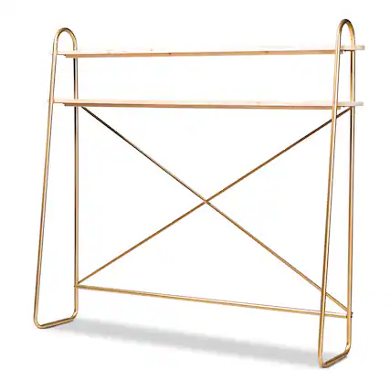 Front. Baxton Studio - Merida Glam and Luxe Finished Metal and Finished Wood 2-Tier Over Bed Queen Size Storage Display Shelf - Natural/Gold.