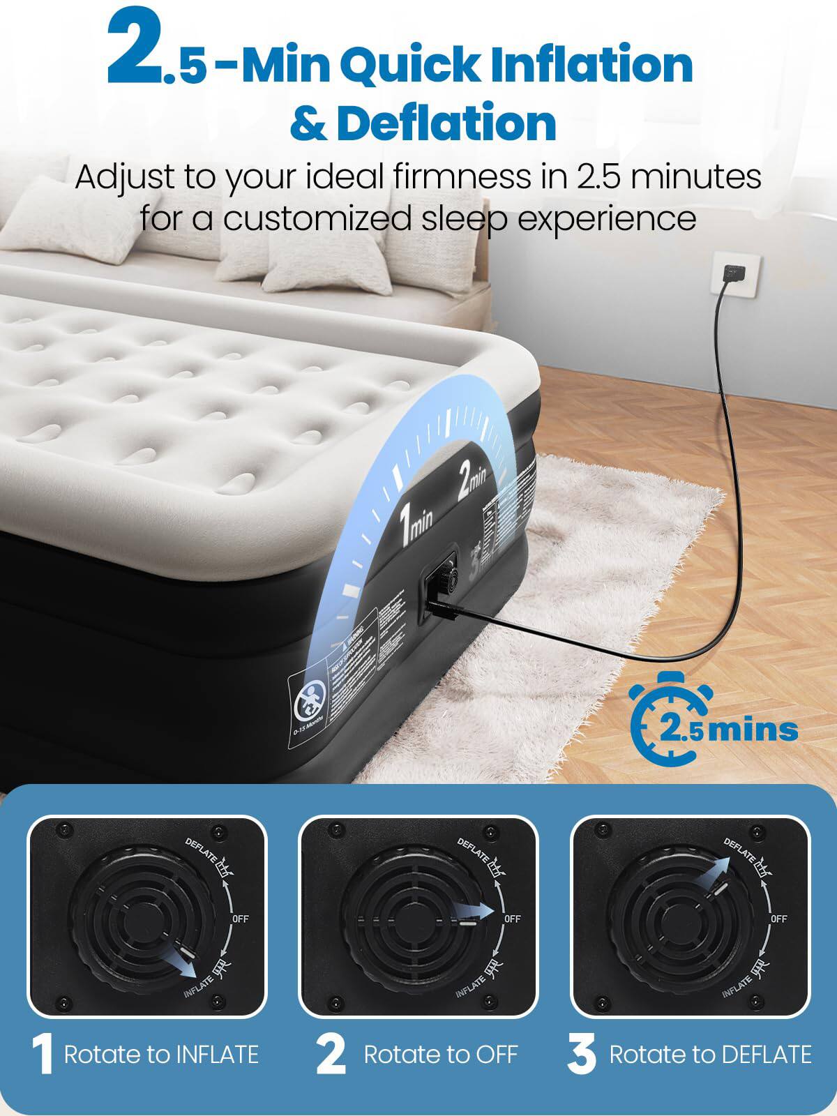 2.5-Min Quick Inflation & Deflation  
Adjust to your ideal firmness in 2.5 minutes for a customized sleep experience

2.5mins

1. Rotate to INFLATE
2. Rotate to OFF
3. Rotate to DEFLATE