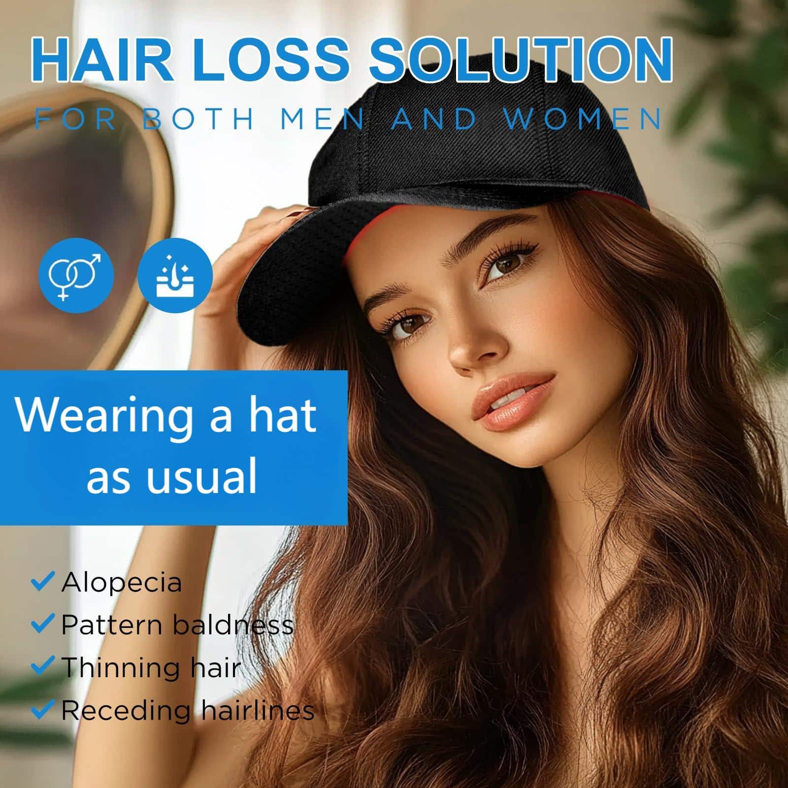 HAIR LOSS SOLUTION FOR BOTH MEN AND WOMEN
Wearing a hat as usual
- Alopecia
- Pattern baldness
- Thinning hair
- Receding hairlines