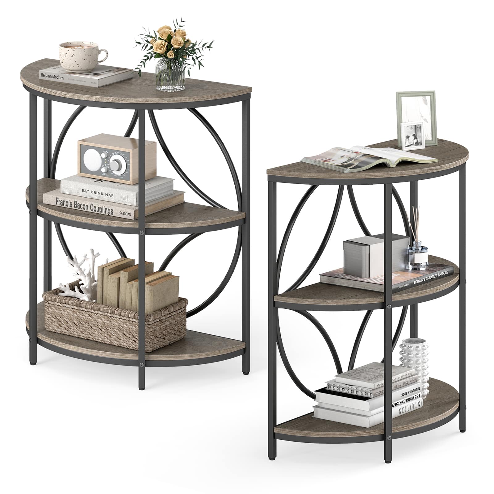 Gymax - 3-Tier Half Round End Table Set of 2 w/Study Metal Frame Storage Shelves Grey - Gray