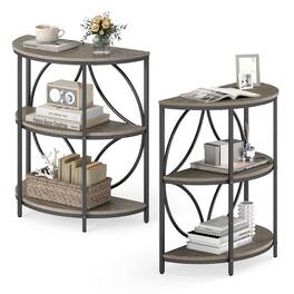 Gymax - 3-Tier Half Round End Table Set of 2 w/Study Metal Frame Storage Shelves Grey - Gray