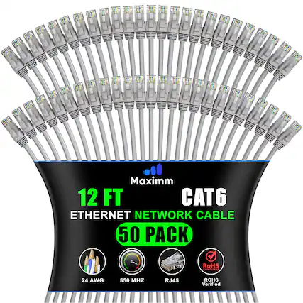 Maximm 12 FT CAT6 Ethernet Network Cable 50 Pack
RoHS Compliant
24 AWG
550 MHz
RJ45
RoHS Verified
