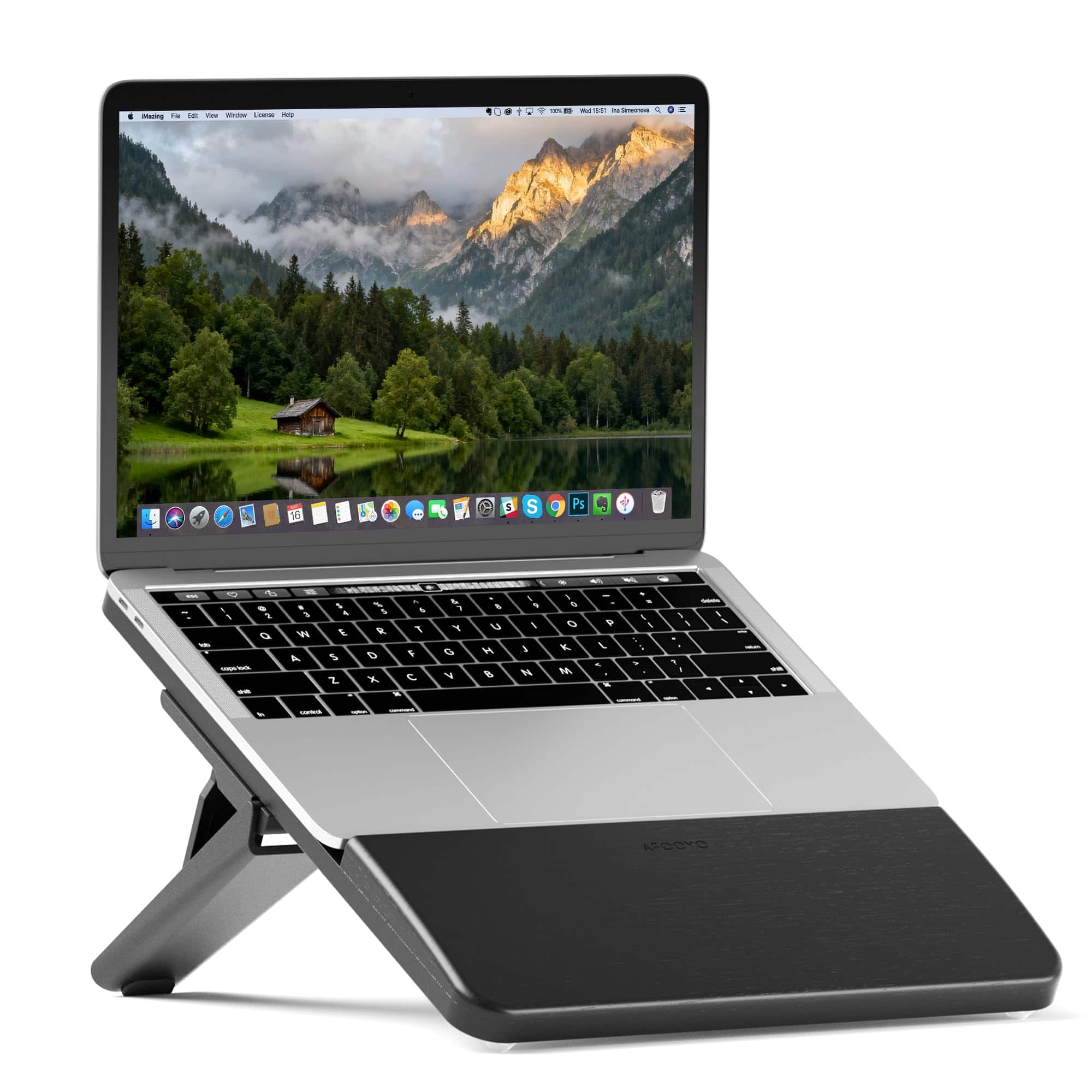 HongFei - Adjustable Bamboo Laptop Stand, Portable Computer Riser, Ergonomic Notebook Mount with Wrist Rest, for 9.8-15'' Laptops - Black