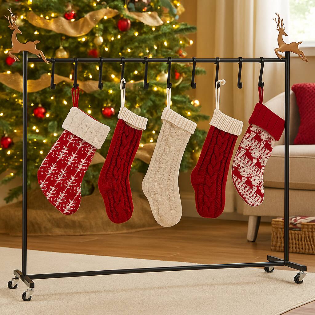 Front. BreeBe - 10-Hook Rolling Christmas Stocking Rack Freestanding Display Stand - Black.