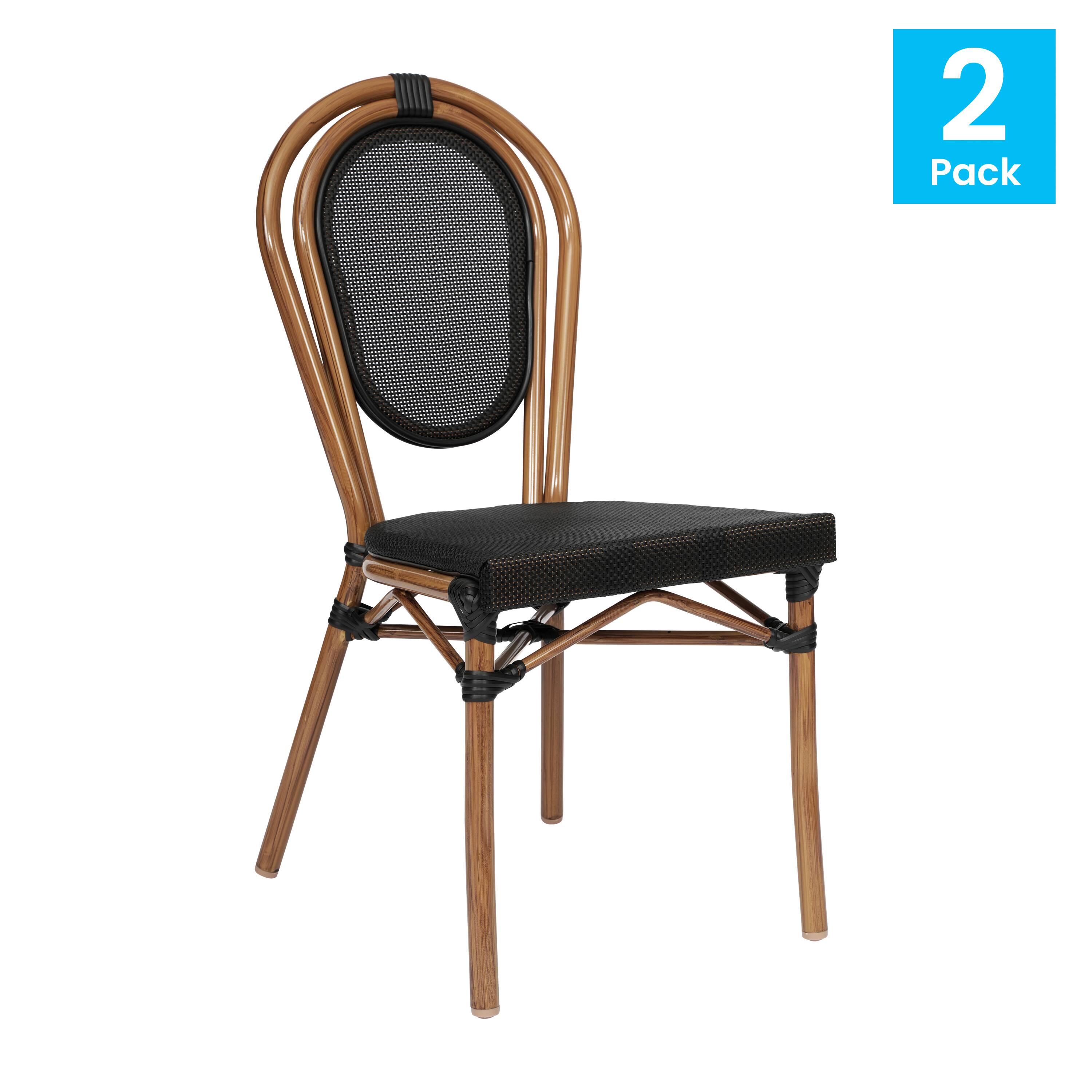Alt View 1. Emma + Oliver - 2 Pack Stacking Bistro Chair with Bamboo Print Metal Frame - Black/Natural Frame.