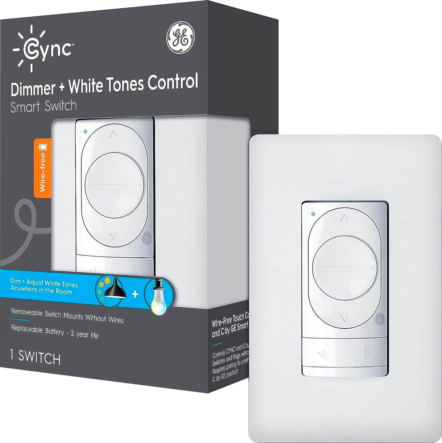 Cync - Smart Dimmer + Tones Control Switch, Wire-Free, Bluetooth - White - Front_Zoom