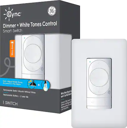 The text on the image reads: "Cync Dimmer + White Tones Control Smart Switch Wire-free Dim Adjust White Tones Anywhere in the Room + Removeable Switch Mounts Without Wires Replaceable Battery - 2 year life 1 SWITCH Touch C Wire-Free Smart Control by GE."